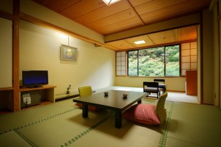 畳敷きの客室からは四季折々の渓谷美が窓いっぱいに広がる